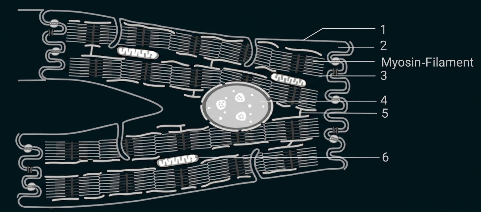 Schematische Zeichnung von Muskelgewebe mit Myosin-Filamenten und Beschriftungen.